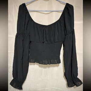 Guess Black Smocked Crop Long Sleeve Top-Size Medium-NWT